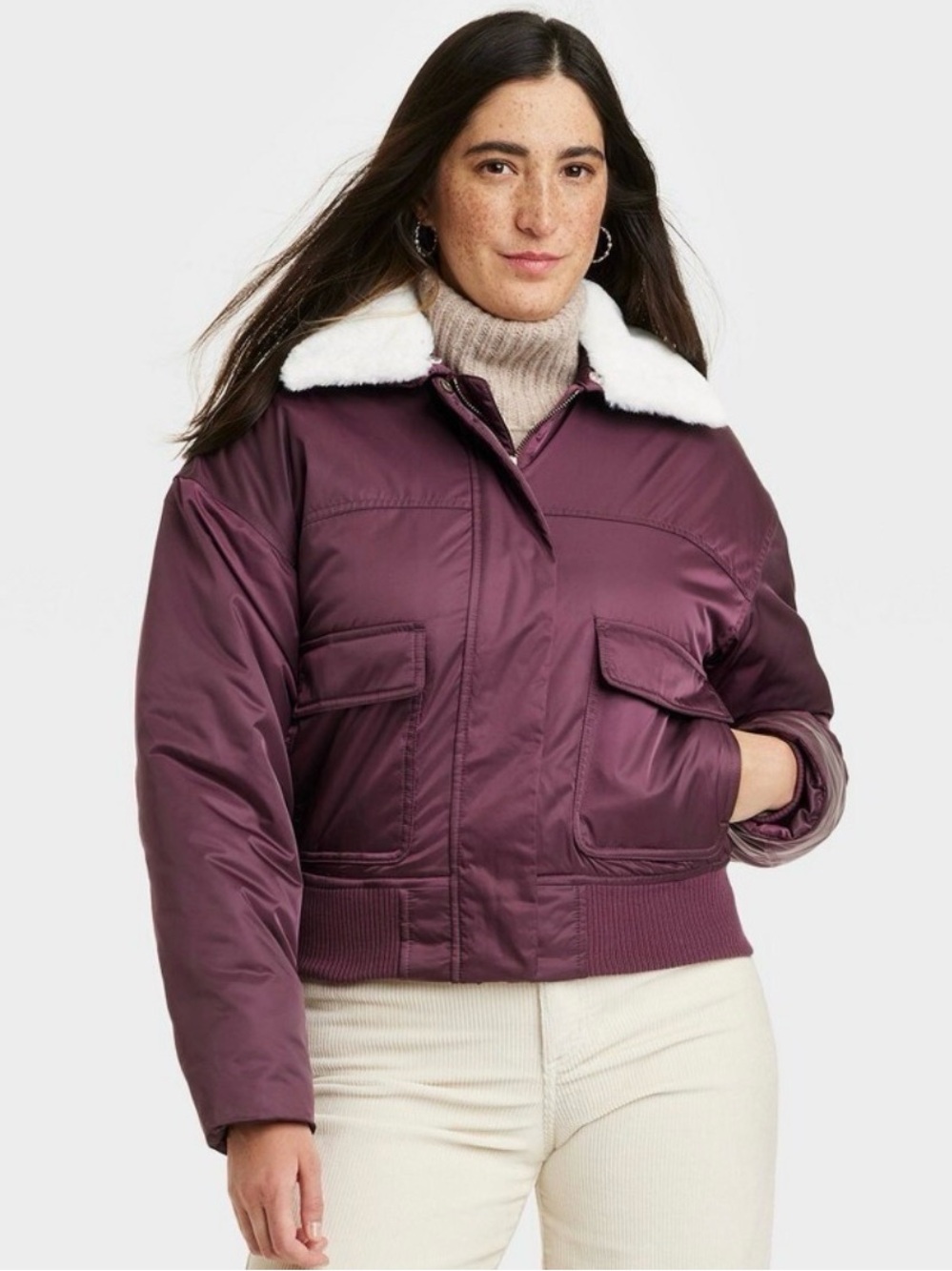 NWT Universal Thread Burgundy Bomber Jacket with removable faux fur collar